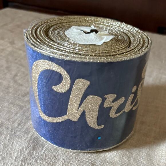 Christmas Velvet Wired Ribbon 4" Blue & Gold Merry Christmas 10 Yds - Picture 3 of 7